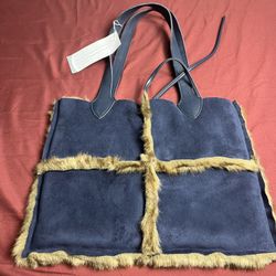 dennis basso Blue Suede & faux fur In Side Exclusive Luxury Hand Bag