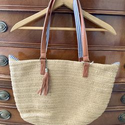Woven Tote Bag With Tan Vegan Leather Straps