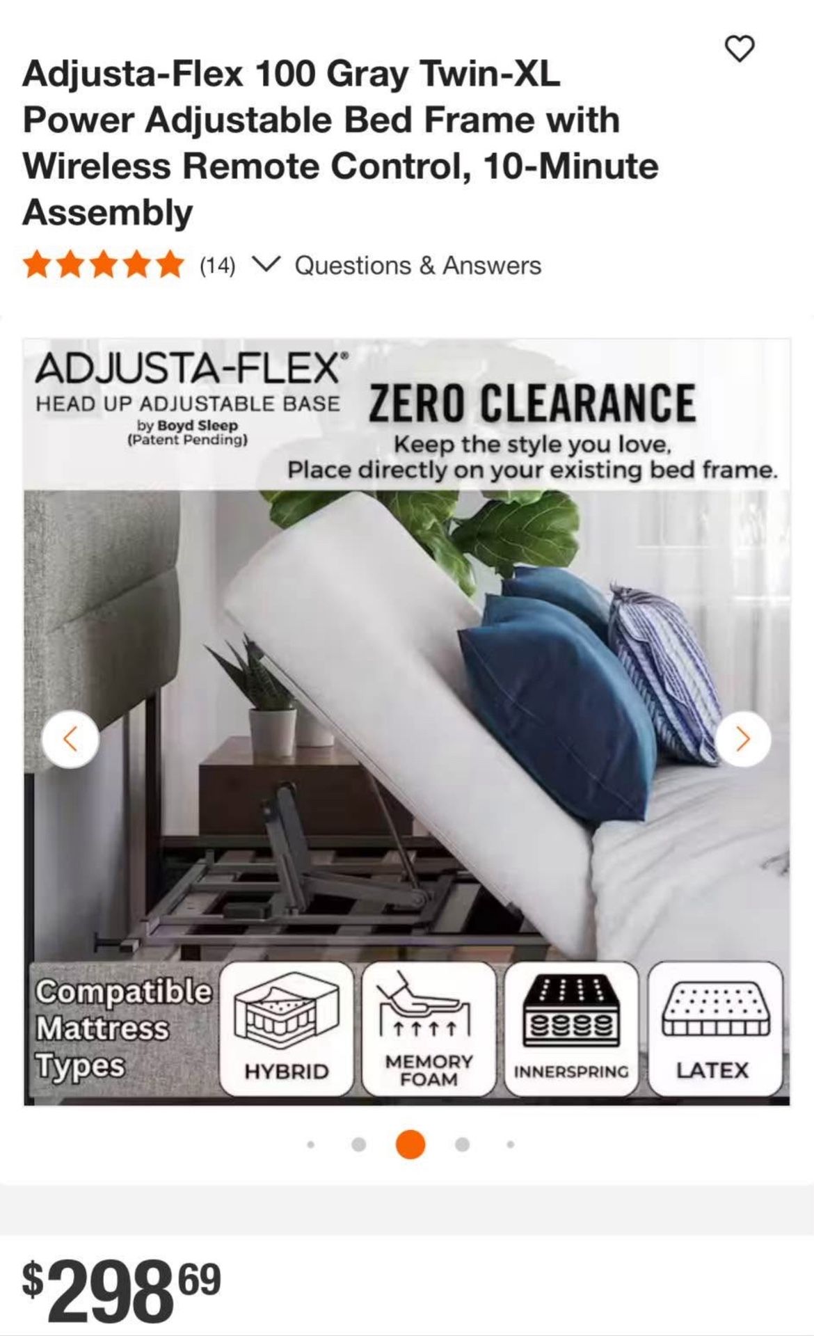 Adjusta-Flex 100 Gray Twin-XL Power Adjustable Bed Frame with Wireless Remote Control, 10-Minute Assembly