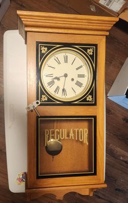 Regulator Wall Clock Mechanical Wind Up Pendulum Roman Numerals w/ Key Wood