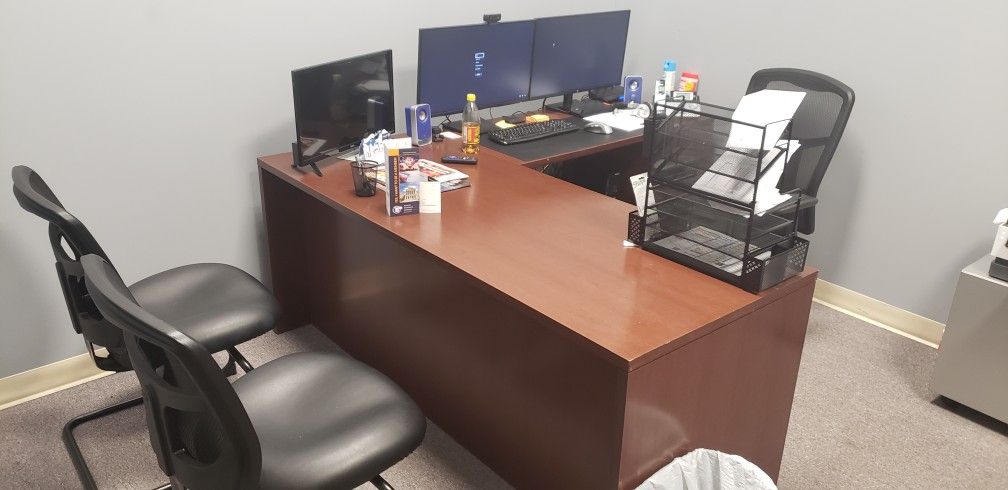 Office Furniture- Beautiful Solid Wood L-Shape Desk and Chairs