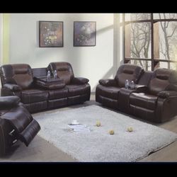 Large And Comfy Brown Leather Fully Reclining Couch Set