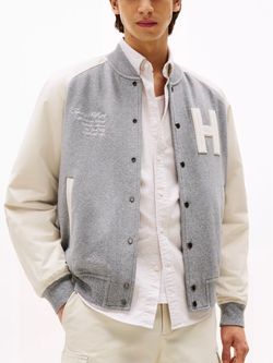 Tommy Hilfiger Men’s Grey/Cream Mixed Media Varsity Sweatshirt Bomber Size Medium, brand new with tags