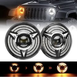 Pair Of 7” Inch Round Headlights LED With DRL Lights White Amber 