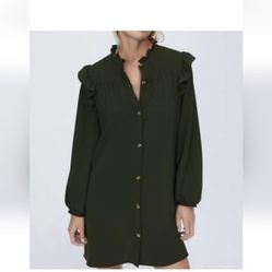 Zara Womens Oversized Xs Dark Green Ruffled Button-Up Dress 