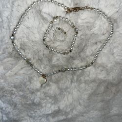 3pcs Sweet Heart Faux Pearl Jewelry Set Ring Bracelet Necklace Set Costume 