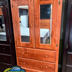 Tall Oak Solid Wood Wardrobe With Mirrors- Ropero Alto Madera Pino