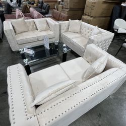 Beige Velvet 4Pcs Living Room Set / Juego de sala de estar de terciopelo beige de 4 piezas 