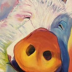 Colorful happy pig farm animal wall art canvas with wire for hanging 
