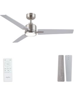 Newday 48 Inch Brushed Nickel Gray Ceiling Fan w Light & Remote Control 6 Speed