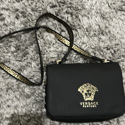 Versace Parfums Black Crossbody/Shoulder Bag - Iconic Medusa Logo & Greca Strap