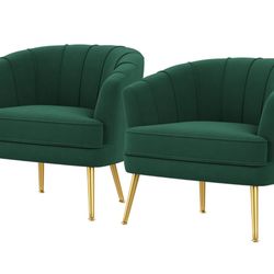 Round Barrel Accent Chairs Set of 2 VelvetMordern Comfy Arm Sofa Chairs for Living Reading Vanity Room Cafe Corner Chair with Metal Legs, Green