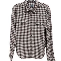 Saks Fifth Avenue GRAY Men’s L Button Up Western Flannel Shirt Burgundy Plaid