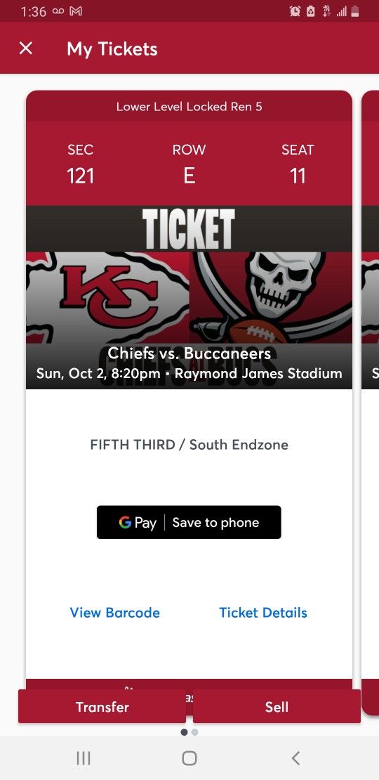 Two Tickets Bucs Vs Cheifs. LOWER BOWL!!!