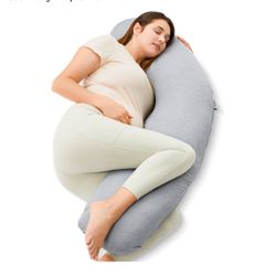 Momcozy Pregnancy Pillows with Cooling Cover, J Shaped Maternity Body Pillow for Pregnancy