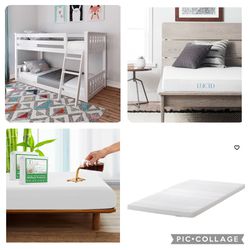 Bunk bed bundle: twin low profile bed, 2 mattresses, 2 mattress protector sheet, 1 mattress topper