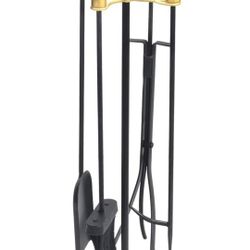 Barton 5Pc Fireplace Tools Black & Gold Wrought Iron w/Stand Poker Shovel Tongs Brush Fire Set Accessories Indoor Outdoor


