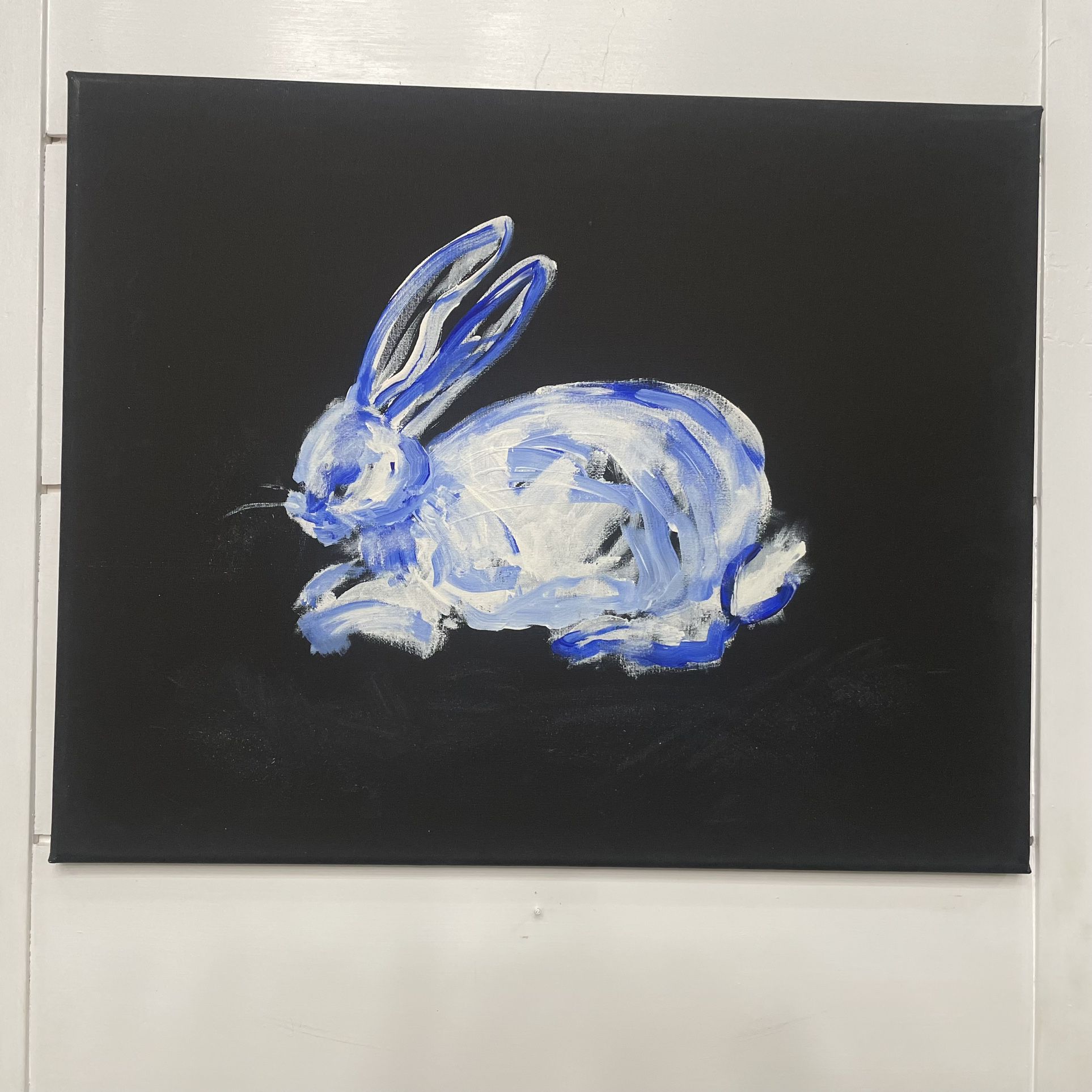 “White & Blue Inflamed Bunny” Painting ~ Artwork Created & Signed by Local Artist