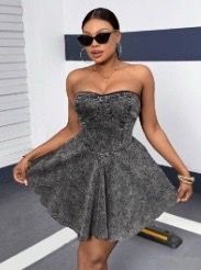 New! Black Denim Strapless Mini Dress Corset Style Bodice Flared Skirt Size 1XL