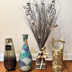 Lot of 3 Decorative Vases + Faux Floral Arrangement | Mosaic, Ceramic, India Art Glass | Boho Eclectic Decor