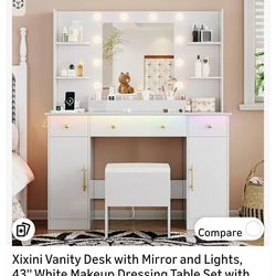 Vanity Desk with Mirror and Lights, 43'' White Makeup Dressing Table Set with 5 Drawers & Chair, Power Outlet, 3 Lighting Modes