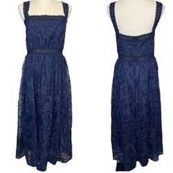 Monique Lhuillier Guipure Lace Sleeveless Midi Dress Navy Blue, size 12