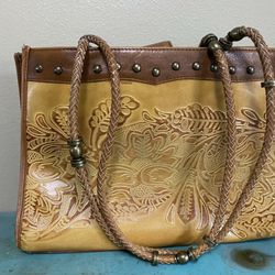 Tooled Leather Braided Strap Studded Shoulder Tote Hobo Purse Fabric Lined INDIA
