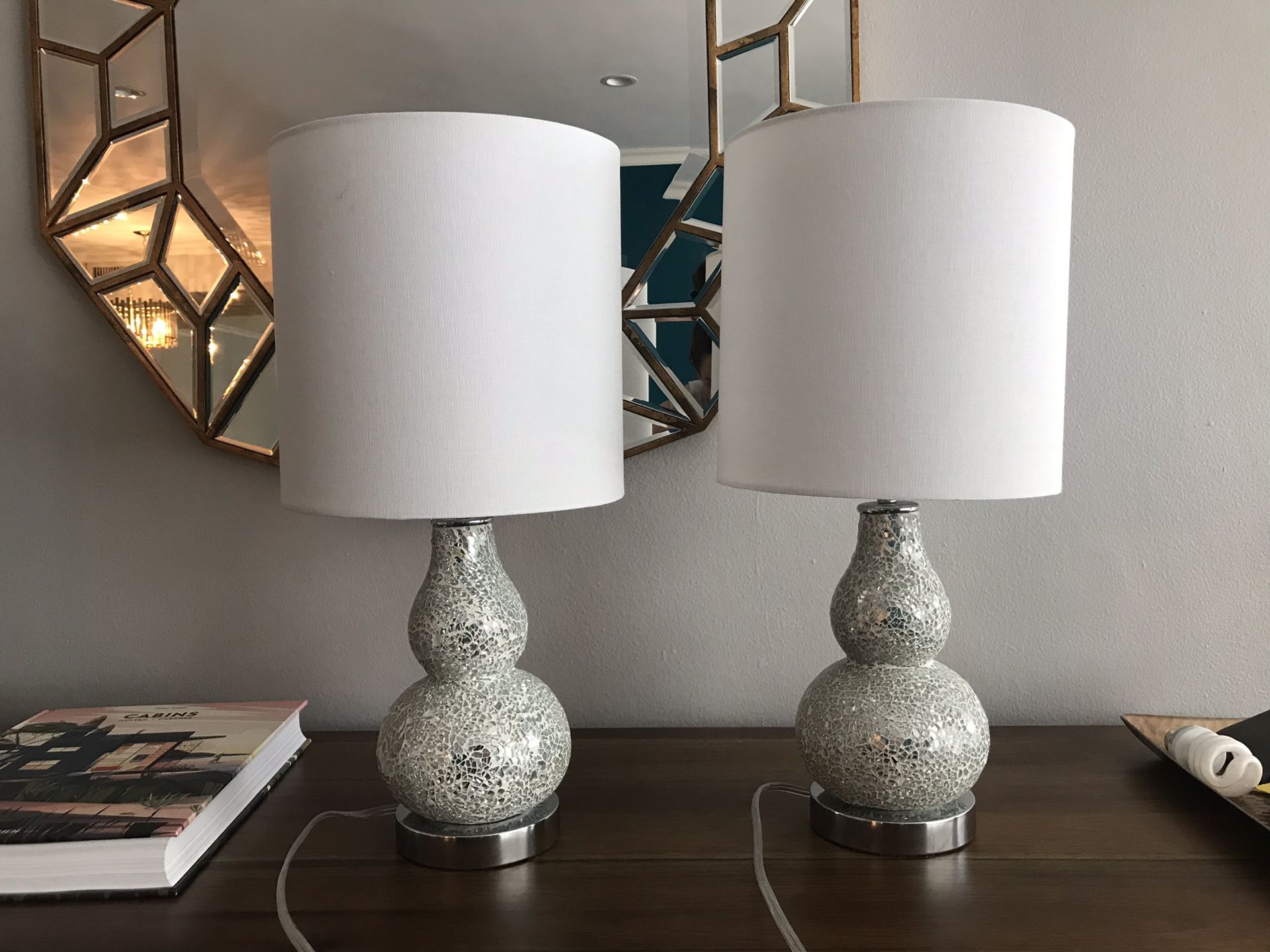 Two matching table lamps - light blue and chrome