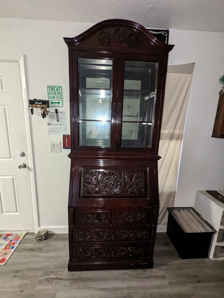 Carved Wood Asian Drop Leaf Secretary Desk