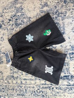 Black Denim Shorts with Embroidered Patches