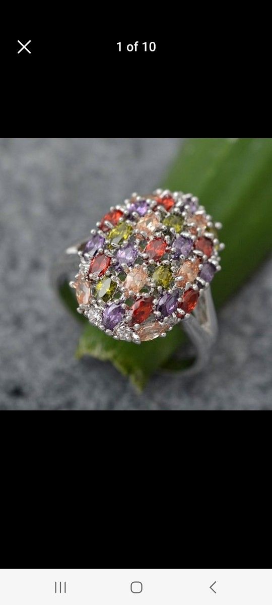 Multi Gem Stone Ring.  Amethyst, Topaz, Garnet.  Size 6.  925 Sterling Silver 