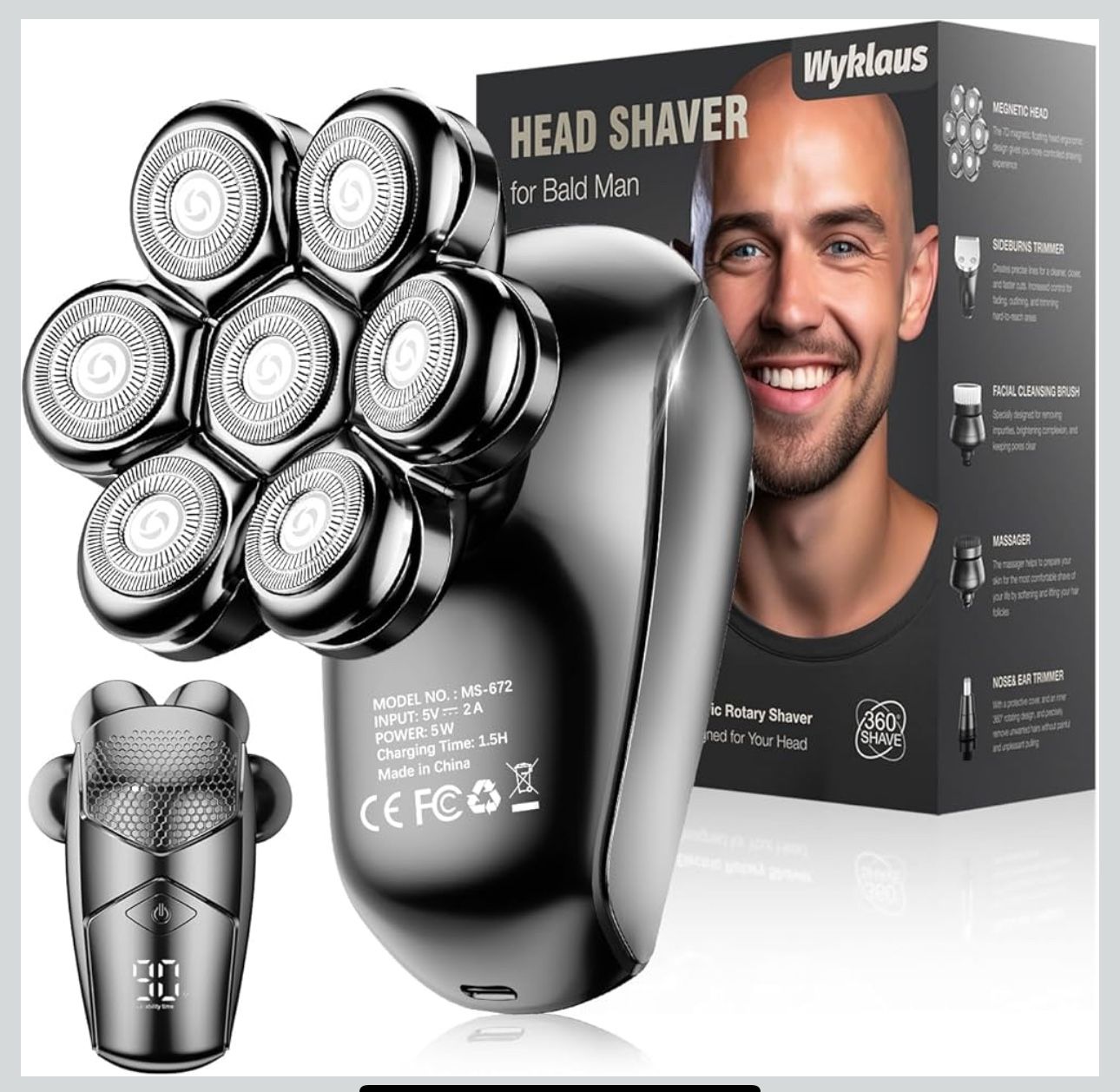 WYKLAUS 7D Head Shaver, Waterproof, USB Rechargeable, LED Display, MS-672 model