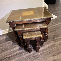 Brass Nesting Tables — Solid Wood — Set of 3