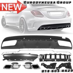 Fits 15-18 Benz W205 C Class AMG Style Rear Bumper Lip Diffuser W/Tip PP