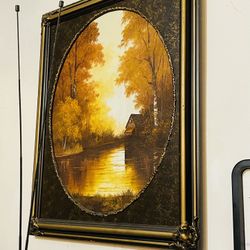 Large Framed Landscape Painting – Cabin & River Scene | Bought for $250