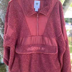 Adidas Women’s Size Small Sherpa Fleece Half Zip Oversized Brick Red Heavy Pullover Jacket Coat 