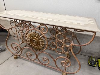 Vintage Wrought Iron Console Table with Wine Rack, Tessellated Stone Top