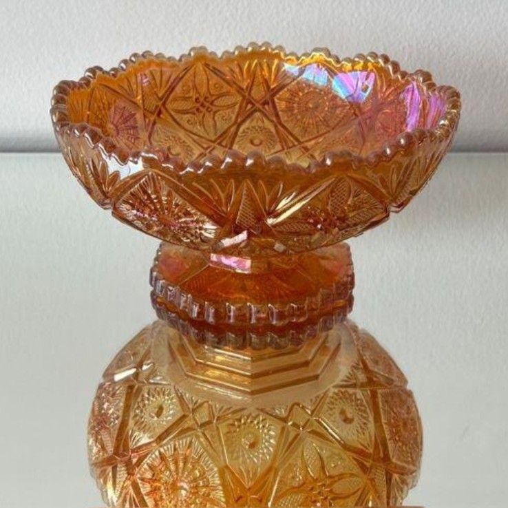 Antique Vintage Orange IMPERIAL GLASS-OHIO Flowers-Marigold Carnival Footed Bowl