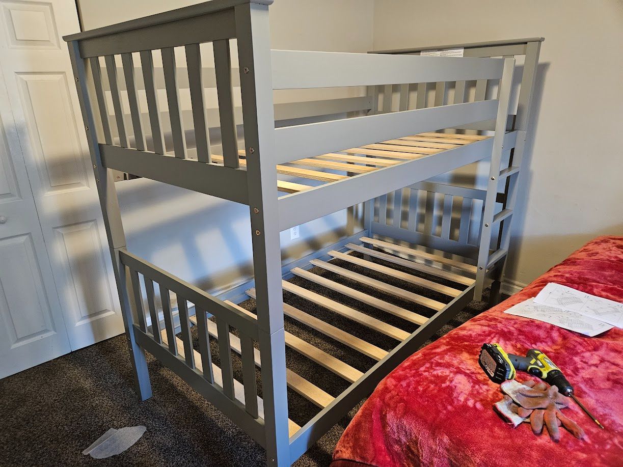 New in box gray color twin twin wood bunk bed frame only special