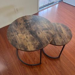 Coffee Table Set of 2, Industrial Living Room Round Set Coffee Tables, End Tables with Wooden Tabletop and Metal Frame, Easy Assembly, Rusti