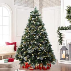 7 ft. PreLit Green and White Pine Artificial Christmas Tree with Pinecones and Metal Stand Holiday D
