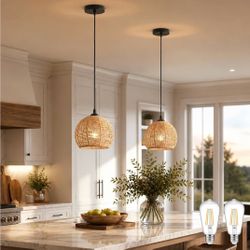 New 8.7” 2 Pack Wicker Pendant Light Natural Woven Boho Chandelier Dome Rattan Adjustable Dimmable