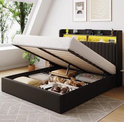 Queen Size Lift Up Storage Bed Frame/LED Lights/Charging Station/2-Tier Shelves Headboard/USB,Type-C Ports/Velvet Upholstered/Hydraulic Support. Black