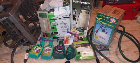 Sprayers, water timers, (safe) insecticide, hose reel, misc. items