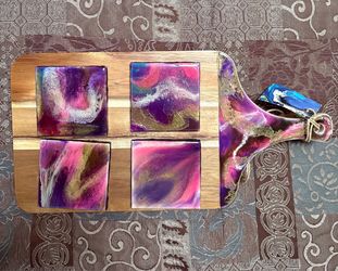 Handcrafted Resin Coaster Set with Wood Serving Board