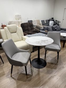 Set of 3, 30" Marble Round  Home Kitchen Dining Table Marble Tabletop Round Modern Sintered Stone table and Set of 2 grey Upholstered Modern Chair wit