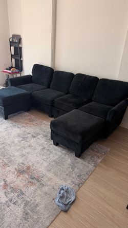 Black Velvet Modular Sectional Sofa with Two Ottomans