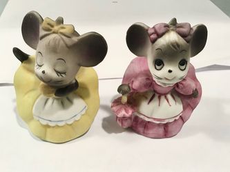 2 Ceramic Hand-Painted 3” Figurines Mice Wearing Bloomers & Dressers 1970s Vtg.