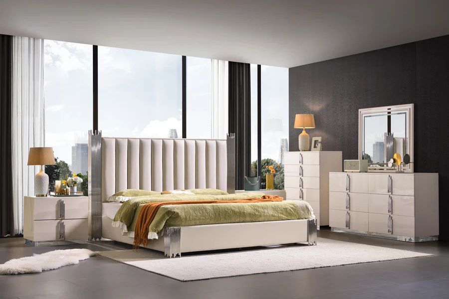 Brand new cream leather air queen modern bedframe + dresser + LED mirror + nightstand with chrome or gold accents