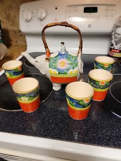 1927 Japanese Teapot Lucky Elephant W/rider Hand Painted Bamboo W/Handle W/cups